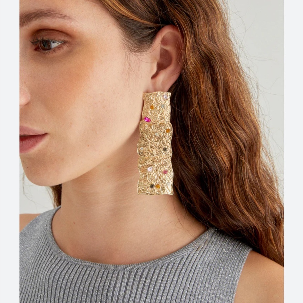 Gold Rhinestones Geometric Drop Earrings